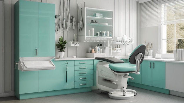 Un fauteuil dentaire avec une armoire verte et une chaise blanche.