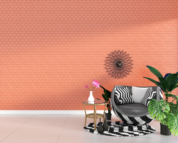 fauteuil sur fond de mur texture tuile orange hexagone, design minimaliste, rendu 3d.