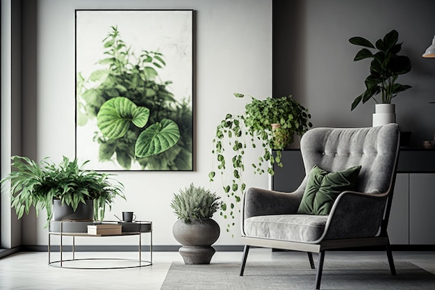 Fauteuil gris confortable près d'une table basse avec plantes vertes et cadre dans un salon moderne