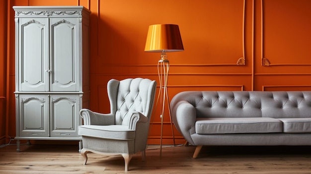Photo fauteuil gris à côté de la lampe dans l'intérieur du salon vintage orange ai generative