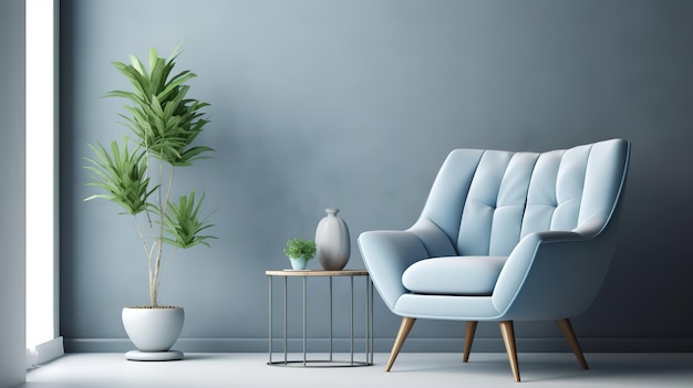 Fauteuil gris dans le salon bleu avec espace copie