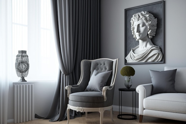 Fauteuil gris dans le salon avec des rideaux doux