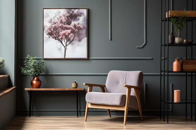 Fauteuil gris design d'intérieur à côté d'une table en bois à l'intérieur du salon avec un design simple de plantes et d'affiches