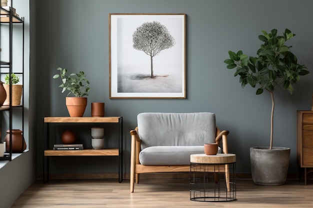 Fauteuil gris design d'intérieur à côté d'une table en bois à l'intérieur du salon avec un design simple de plantes et d'affiches