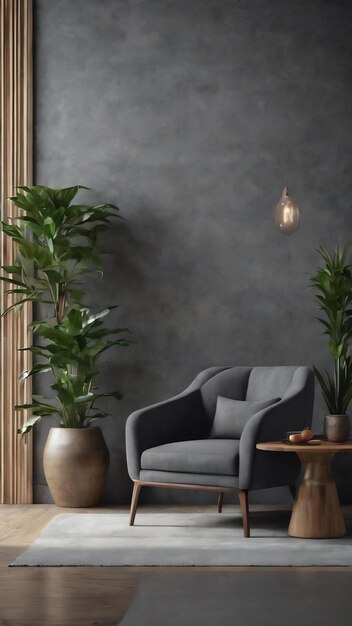 Un fauteuil gris foncé et une table en bois à l'intérieur du salon avec un mur en béton végétal.