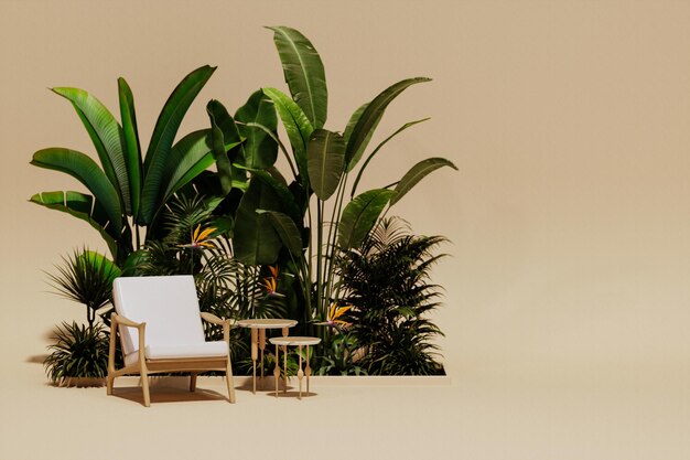 Fauteuil avec jardin tropical sur fond vert Studio avec feuilles et arbres tropicaux Annonce