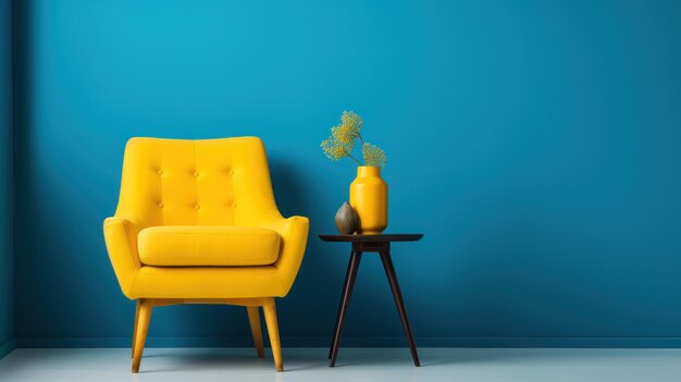 Un fauteuil jaune accentue la pièce bleue minimaliste