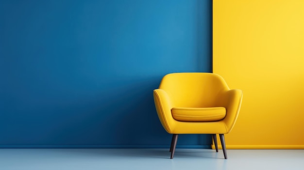 Un fauteuil jaune accentue la pièce bleue minimaliste