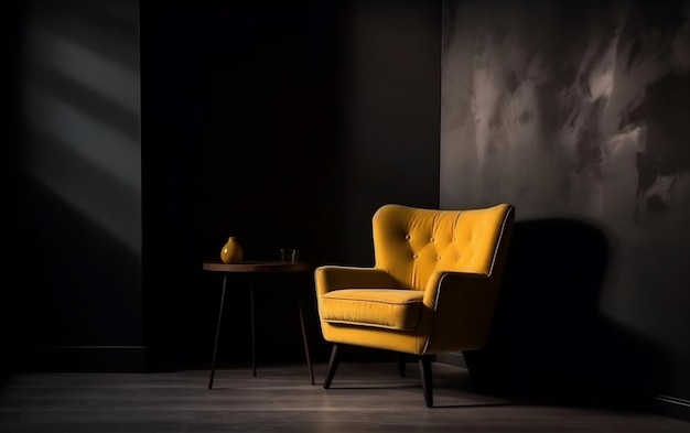 Fauteuil jaune dans une pièce sombre avec un fond de mur noir Generative AI