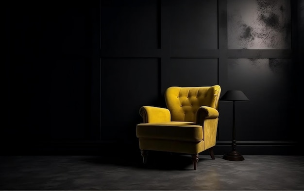 Fauteuil jaune dans une pièce sombre avec un fond de mur noir Generative AI