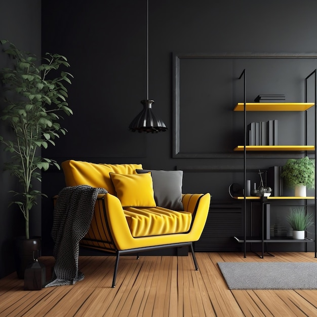 Fauteuil jaune dans un salon noir avec Copyspace Generative AI
