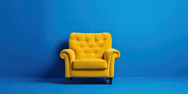 Fauteuil jaune sur un lieu de minimalisme de fond bleu pour le texte ai génératif