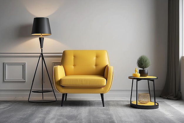Fauteuil jaune en ligne de maison graphique avec lampe et concept de table d'accompagnement pour la décoration de la maison