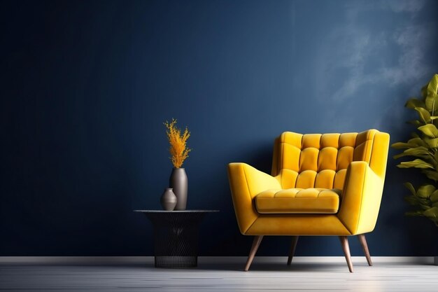 Fauteuil jaune de salon vibrant accentuant un mur bleu foncé vide AI