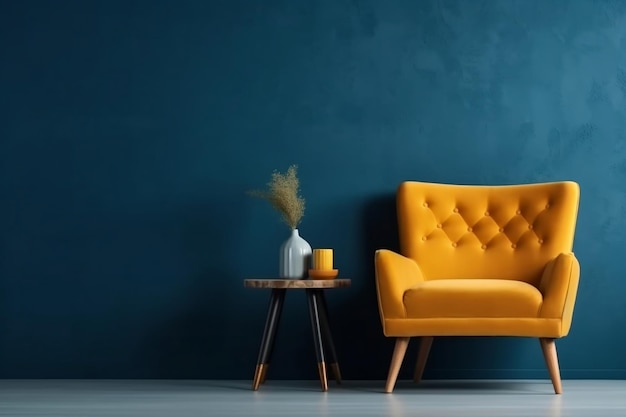 Fauteuil jaune de salon vibrant accentuant un mur bleu foncé vide AI