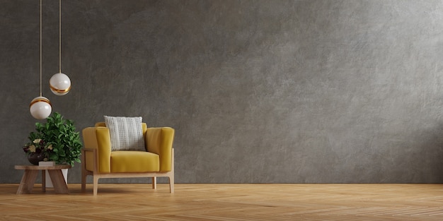 Fauteuil jaune et une table en bois à l'intérieur du salon avec plante, mur en béton. rendu 3d