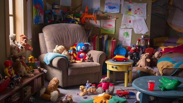 Fauteuil et jouets dans la chambre des enfants