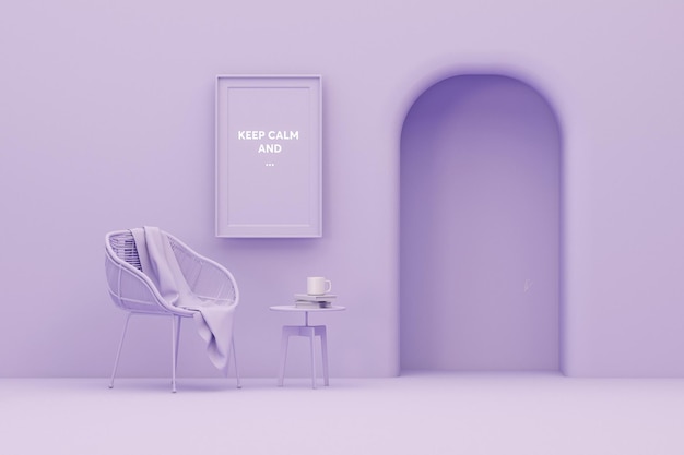 Photo fauteuil et livre de café sur fond violet gardez le calme et le concept d'affiche rendu 3d