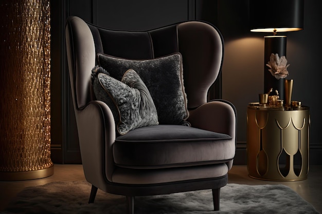 Fauteuil de luxe avec revêtement en velours moelleux cousu dans des détails luxueux créés avec une IA générative