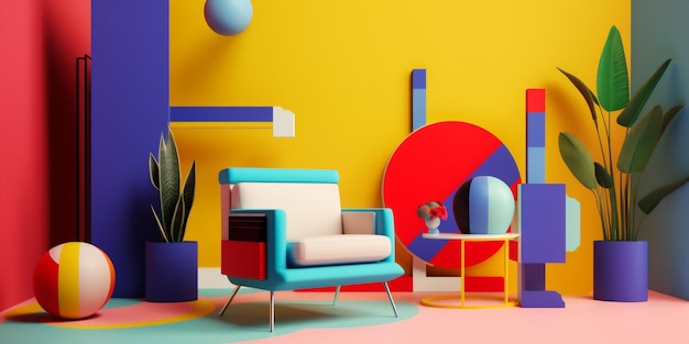 Fauteuil memphis art chambre intérieure canapé coloré géométrique style de conception de maison IA générative