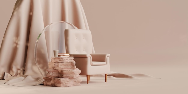 Fauteuil de meubles de salon avec des livres. illustration 3d