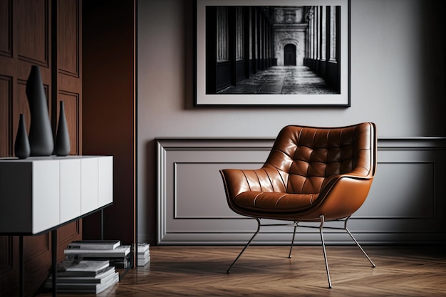 Fauteuil moderne avec assise en cuir et pieds en métal dans un intérieur minimaliste créé avec une IA générative