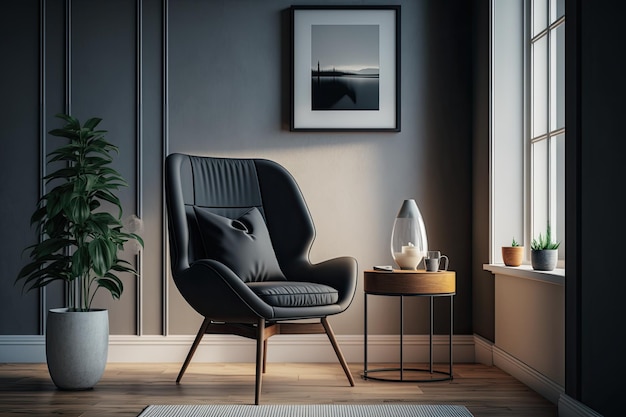 Un fauteuil moderne et élégant au milieu d'une pièce au décor minimaliste créé avec une IA générative