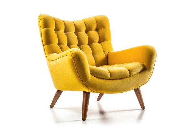 Photo fauteuil moderne jaune du milieu du siècle vue de trois quarts sur fond blanc ia générative