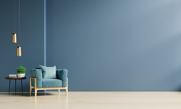 fauteuil sur mur bleu foncé vide.