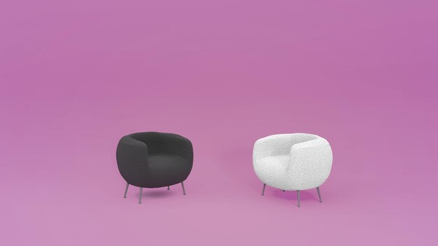 Fauteuil noir et blanc sur fond rose violet rendu en 3D