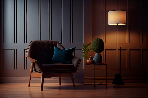 Fauteuil noir moderne et lampe dans une pièce sombre ai générative