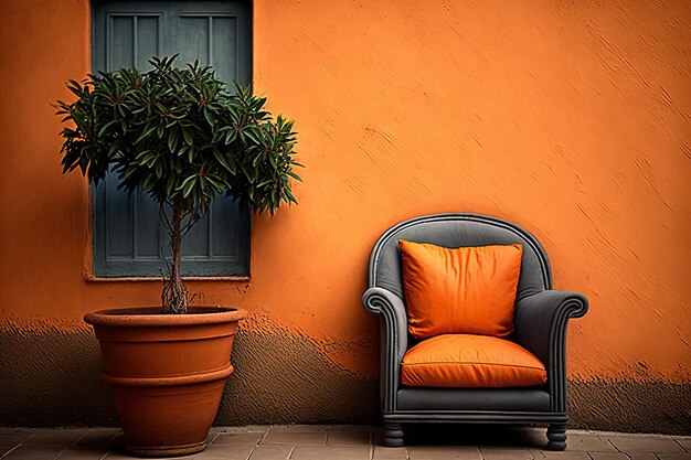 Fauteuil orange avec mur orange plante en pot Generative AI