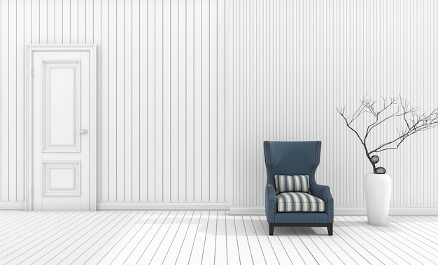 Fauteuil rendu 3D avec vase blanc dans le salon blanc