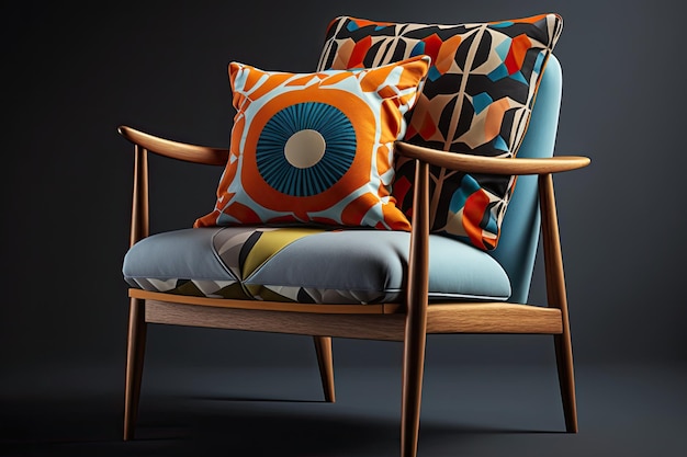 Un fauteuil rétro avec un coussin à motifs et un cadre en bois créé avec une IA générative