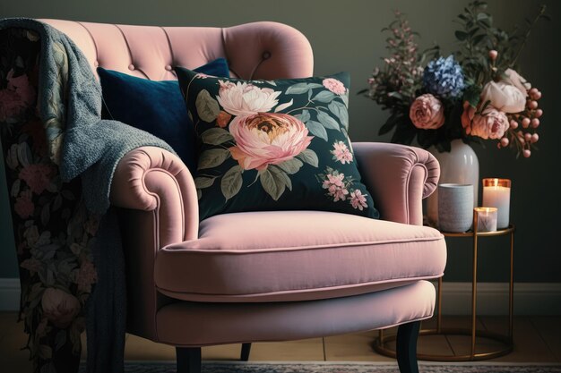 Fauteuil rose avec coussin floral dans un salon confortable créé avec une IA générative