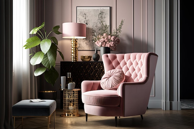 Fauteuil rose dans un salon élégant entouré d'un décor moderne et d'un mobilier élégant