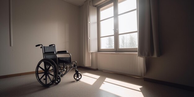 Un fauteuil roulant dans une pièce avec une fenêtre en arrière-plan