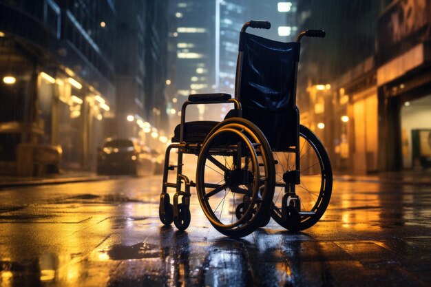 Un fauteuil roulant dans la rue de la ville nocturne