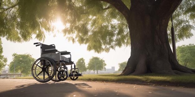 Un fauteuil roulant est garé dans un parc avec un arbre en arrière-plan.