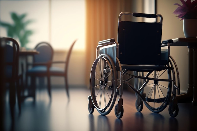 Un fauteuil roulant se trouve dans une pièce avec une table et des chaises.