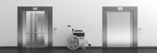 Fauteuil roulant vide et ascenseurs avec illustration 3d de bannière de portes ouvertes et fermées