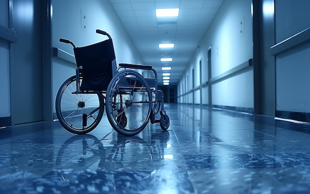 Un fauteuil roulant vide dans le couloir de l'hôpital avec un ton bleu et un fond propre