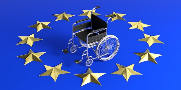 Fauteuil roulant vide isolé sur fond de drapeau de l'Union européenne illustration 3d