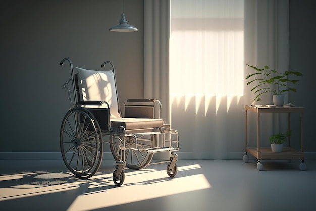 Un fauteuil roulant vide près de la fenêtre sur fond de soleil