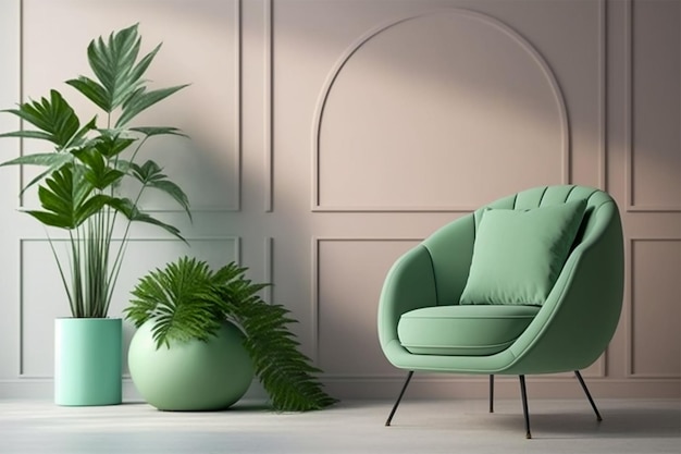 Fauteuil de salon en bois moderne sur fond de mur de couleur pastel Design d'intérieur minimaliste
