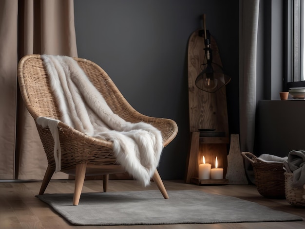 Fauteuil de salon avec couverture de fourrure près de la porte en bois contre le mur gris