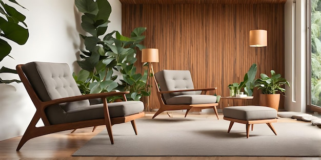 Photo fauteuil de salon près du mur de panneaux de bois entre les plantes d'intérieur en pot salle de séjour moderne