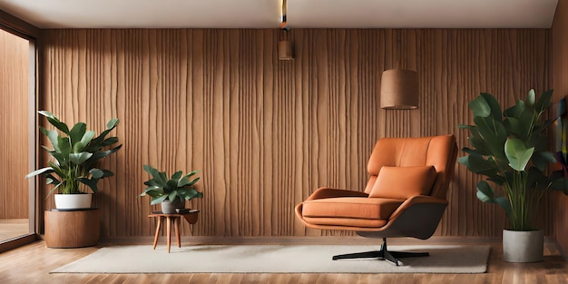 Photo fauteuil de salon près du mur de panneaux de bois entre les plantes d'intérieur en pot salle de séjour moderne