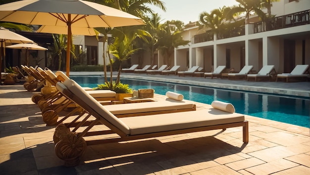 Photo un fauteuil solaire avec parapluie près de la piscine de l'hôtel