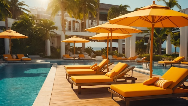 Photo un fauteuil solaire avec parapluie près de la piscine de l'hôtel